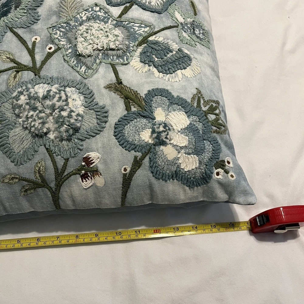 Blue Embroidered Flowers Accent Pillow New With‎ Tags 18 " X 18" Zippered - Picture 7 of 8